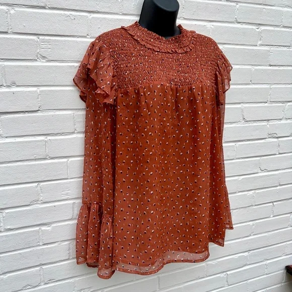 Jade Melody Tam Smocked, Long Sleeve Blouse in Burnt Orange, SZ L EUC - Picture 2 of 7
